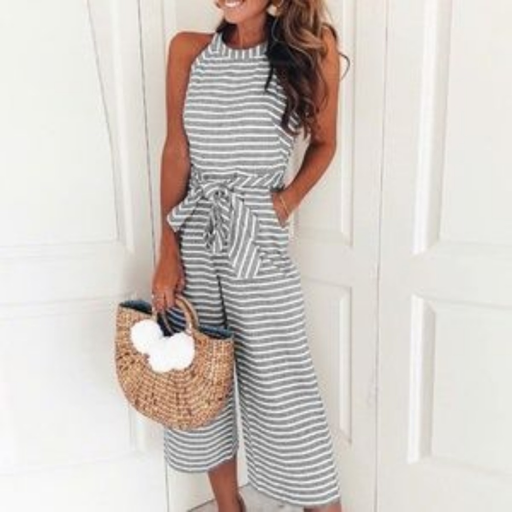 Gray Striped Halter Neck Wide Leg Jumpsuit Romper